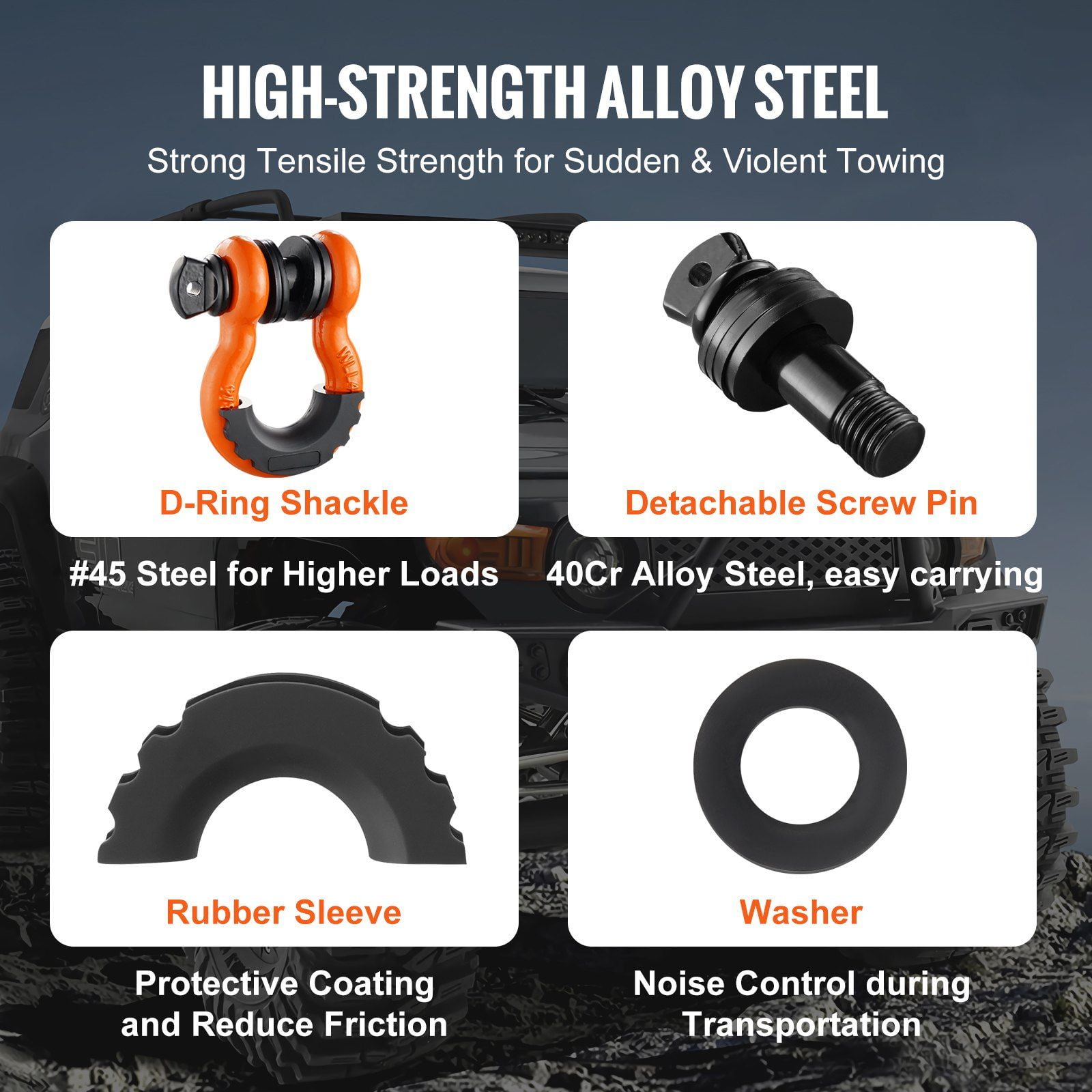 3/4 Inch D Ring Shackle 2 Pack 28.5 Ton Break Strength Alloy Steel with 7/8 Inch Screw Pin Isolators Washers Heavy Duty Off Road Recovery for Jeep Truck Orange