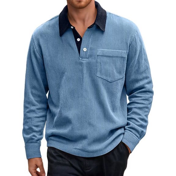Bibifish Mens Polo Shirts Corduroy Contrast Collar Long Sleeve Shirts Classic Fit Street Wear With Pocket Casual Tops