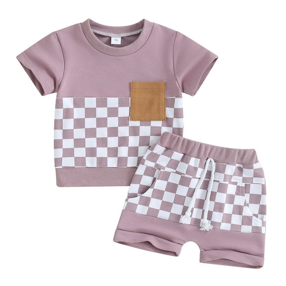 Newborn Baby Girl Boy Summer Clothes Checkered Plaid Short Sleeve T-Shirt Tops Shorts Set Color Block Outfit