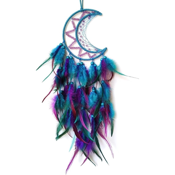 Atrapasueños Luna Atrapasueños para dormitorio Atrapasueños de plumas morado y azul para niños, niñas, adultos, atrapasueños, adornos para colgar en la pared del dormitorio, regalos de bendición