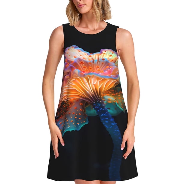 Balery Bioluminescent Underwater Flower Vestidos de verano para mujer con estampado: vestido holgado sin mangas, vestido playero informal y cómodo para días calurosos.