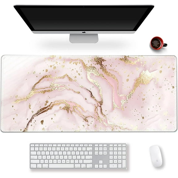 Extended Gaming Mouse Pad XXL Large Keyboard Mat Long Mousepad Desk Decor Writing Pad Non Slip Rubber Base Stitched Edges for Work, Game, Office, Home, 35.1" x 15.7", Pink Marble