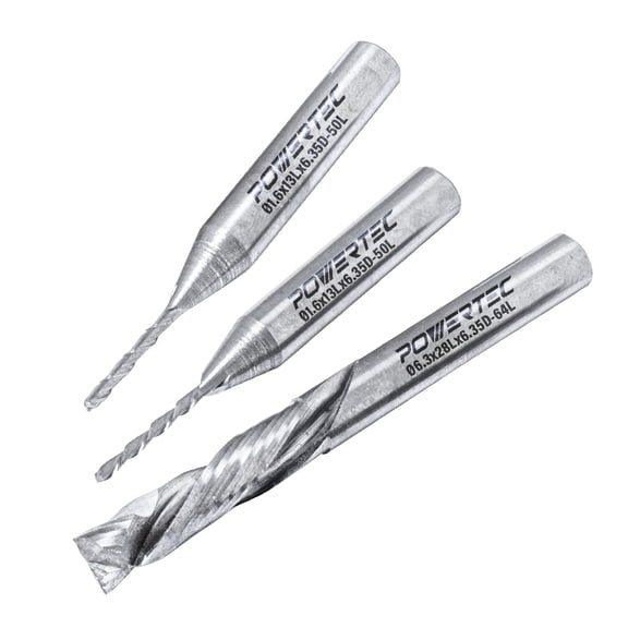 POWERTEC 73064 Spiral Router Bit 3-pc Set, 1/16" Up Cut, 1/16" Down Cut and 1/4" Up/Down Cut Compression, 1/4" Shank Carbide Router Bits Fit CNC Router, Handheld Router, Router Table, Plunge Router