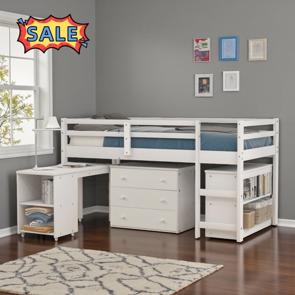 Tcbosik Loft Bed Twin Size with Desk, Shelves and 3 Drawers, Bed Frame with Ladder and Guardrail, Wood Slats Support, Space Saving, White