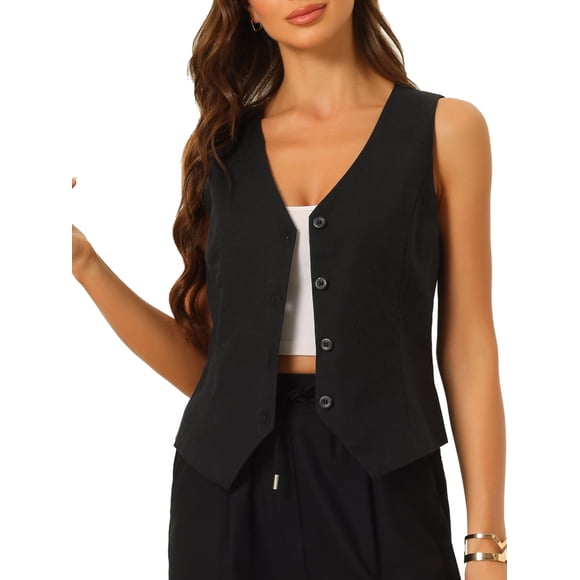 Chaleco sin mangas de botón y cuello en V para mujer INSPIRE CHIC, negro, talla M