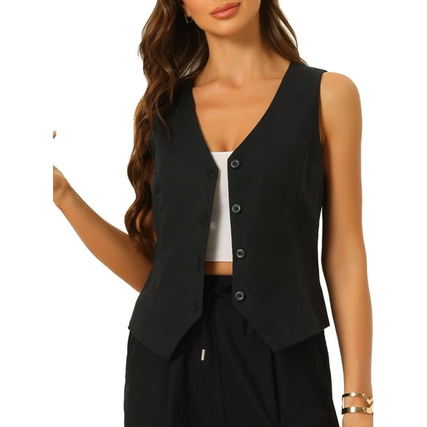 Chaleco sin mangas de botón y cuello en V para mujer INSPIRE CHIC, negro, talla XS