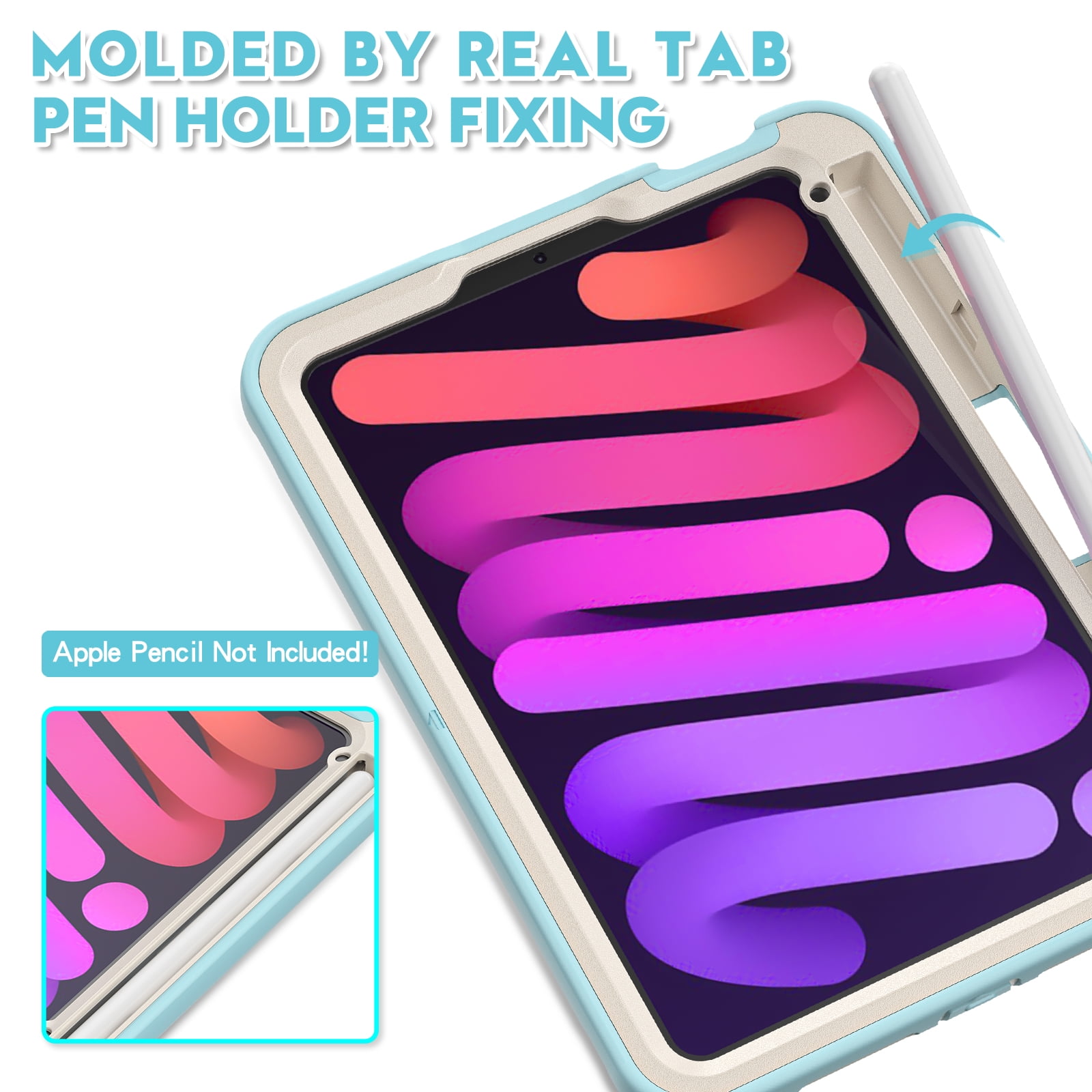 Rugged Case for 2021 Apple iPad Mini 8.3-Inch (6th Generation 2021 Release) - Rotating Stand Handle Case, Built-in Pencil Holder, Lightweight Shockproof Hard Silicone/Plastic Cover (Light Blue)