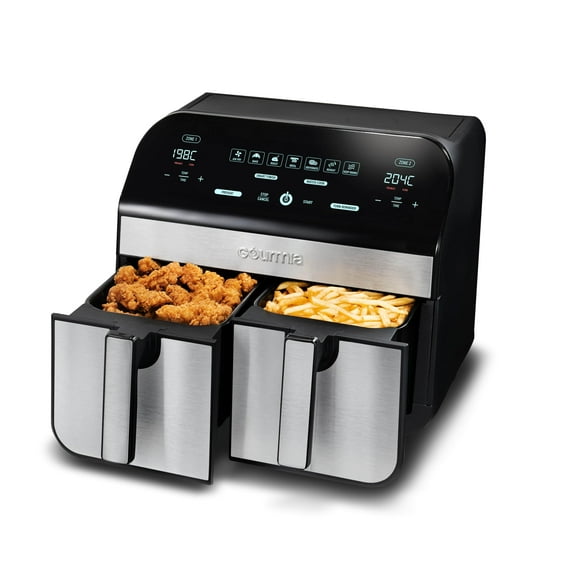 Freidora de aire digital Gourmia de 10 cuartos/9,4 litros de capacidad, doble cesta, con acabado inteligente y 7 funciones de cocción