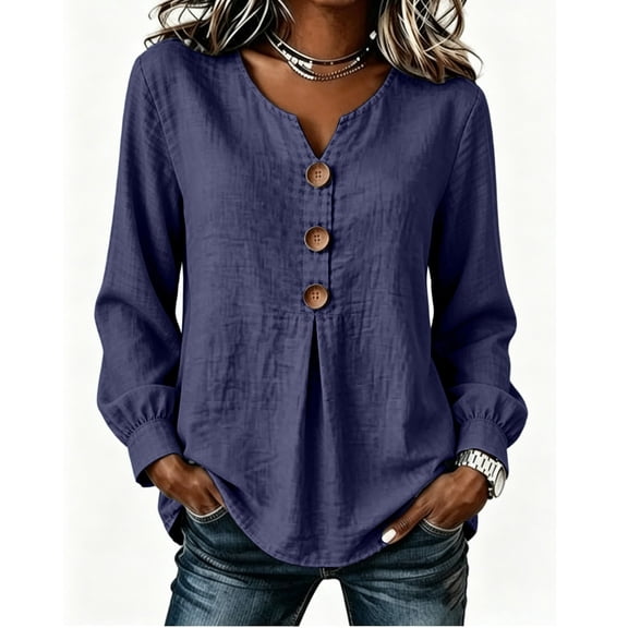 Edvintorg Womens Tops Trendy Long Sleeve V Neck Loose Casual Lightweight Pullover Top with Button Womens Clothing Navy XXL