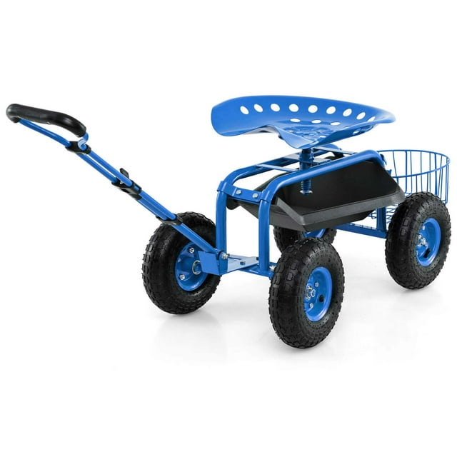 Costway Chariot de Jardin Chariot de Patio Siège de Travail à Roulettes avec Plateau Panier Poignée Extensible Bleu