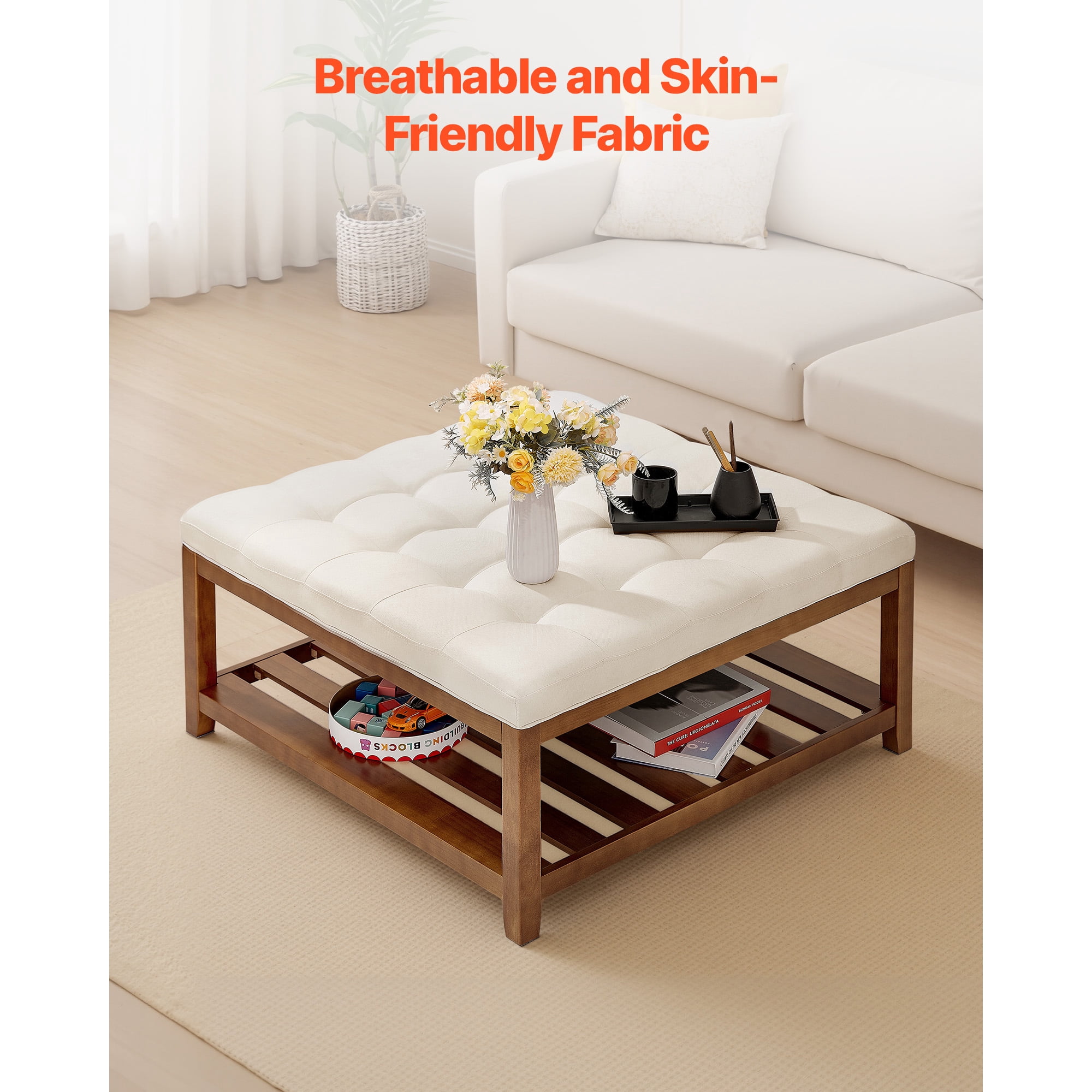 KFFKFF Large Square Ottoman Coffee Table, 34.5-Inch Tufted Design with Solid Wood Storage Shelf, Upholstered Linen Footrest for Bedroom or Living Room, 400 lbs Capacity, Off-White