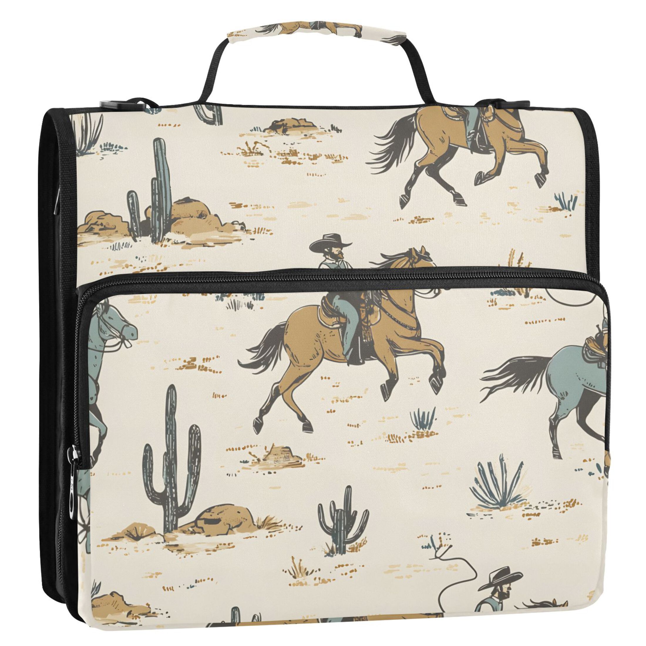 3 Ring Zipper Binder with Shoulder Strap Waterproof Trapper Keeper 2 Inch D-Ring 500 Sheets Capacity Cactus Cowboy Horse