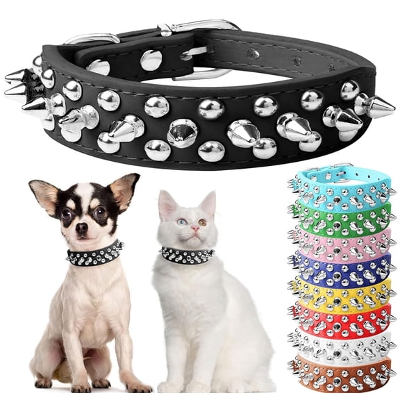 Miaocao Small Spiked Dog Cat Collar for Small Medium Dogs Boy Male - Adjustable Studded Puppy Collars - Soft Padded Punk Leather Dog Collar for Chihuahua Yorkie French Bulldog Pug
