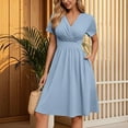 thumbnail image 3 of Womens V Neck Long Sleeve Fall Dresses Women's Dress Is Elegant And Casual, A Solid Color V-neck Short Sleeved Dress Light Blue, 3 of 4