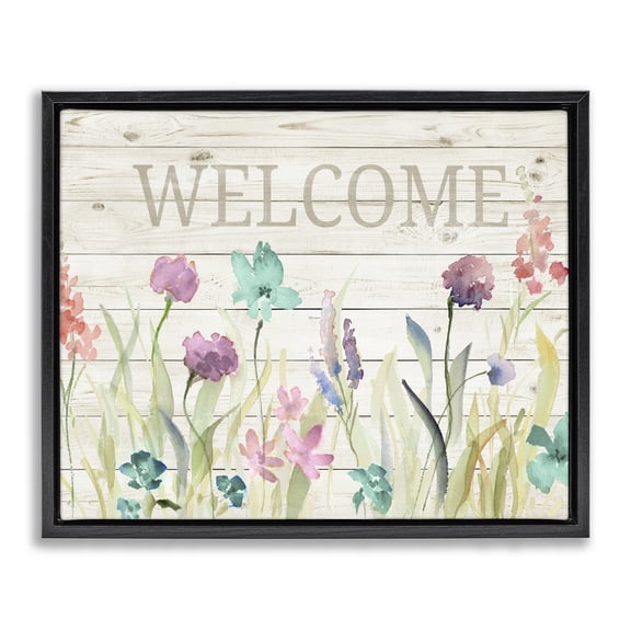 Stupell Industries Shabby Chic Welcome Sign Spring Wildflowers Black Floating Frame Canvas Art, 21 x 17, by Lanie Loreth