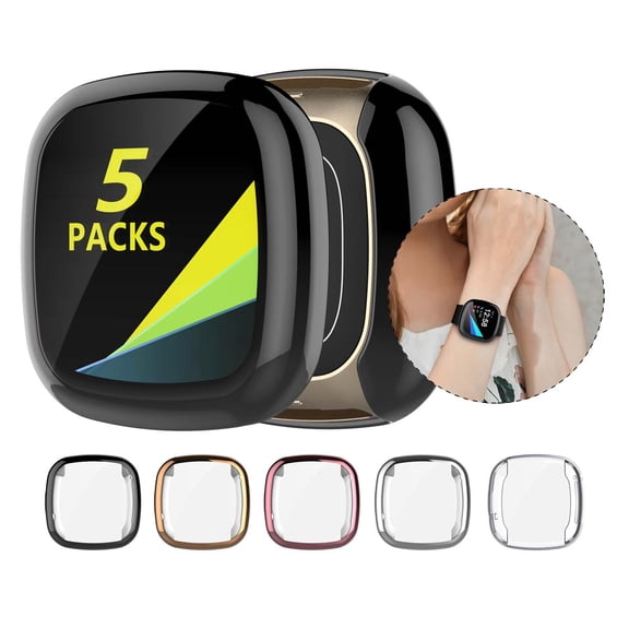Fitbit Versa 2 & Versa 3 / Fitbit Sense Smart Watch Screen Protector Case Cover, Njjex 5-Pack Soft TPU Plated Bumper Full Cover Cases for Fitbit Versa Watch, Rose Gold/Sliver/Black/Clear/Pink