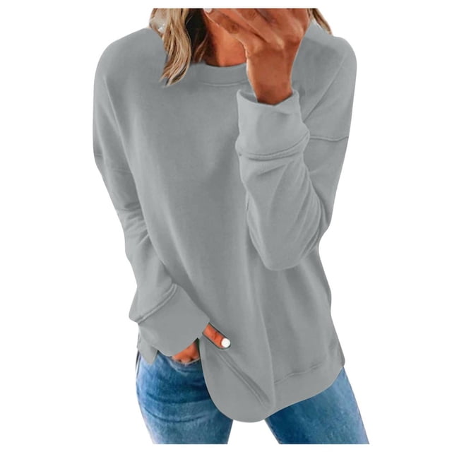 Chandails de Compression à Manches Longues pour Femmes Col Ras du Cou Unis Plus Chandail Surdimensionné Coupe Ample Pulls Tendance Hauts Légers pour Femmes Grande Taille Gris m