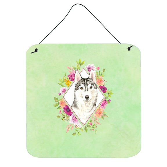 Siberian Husky Green Flowers Wall or Door Hanging Prints