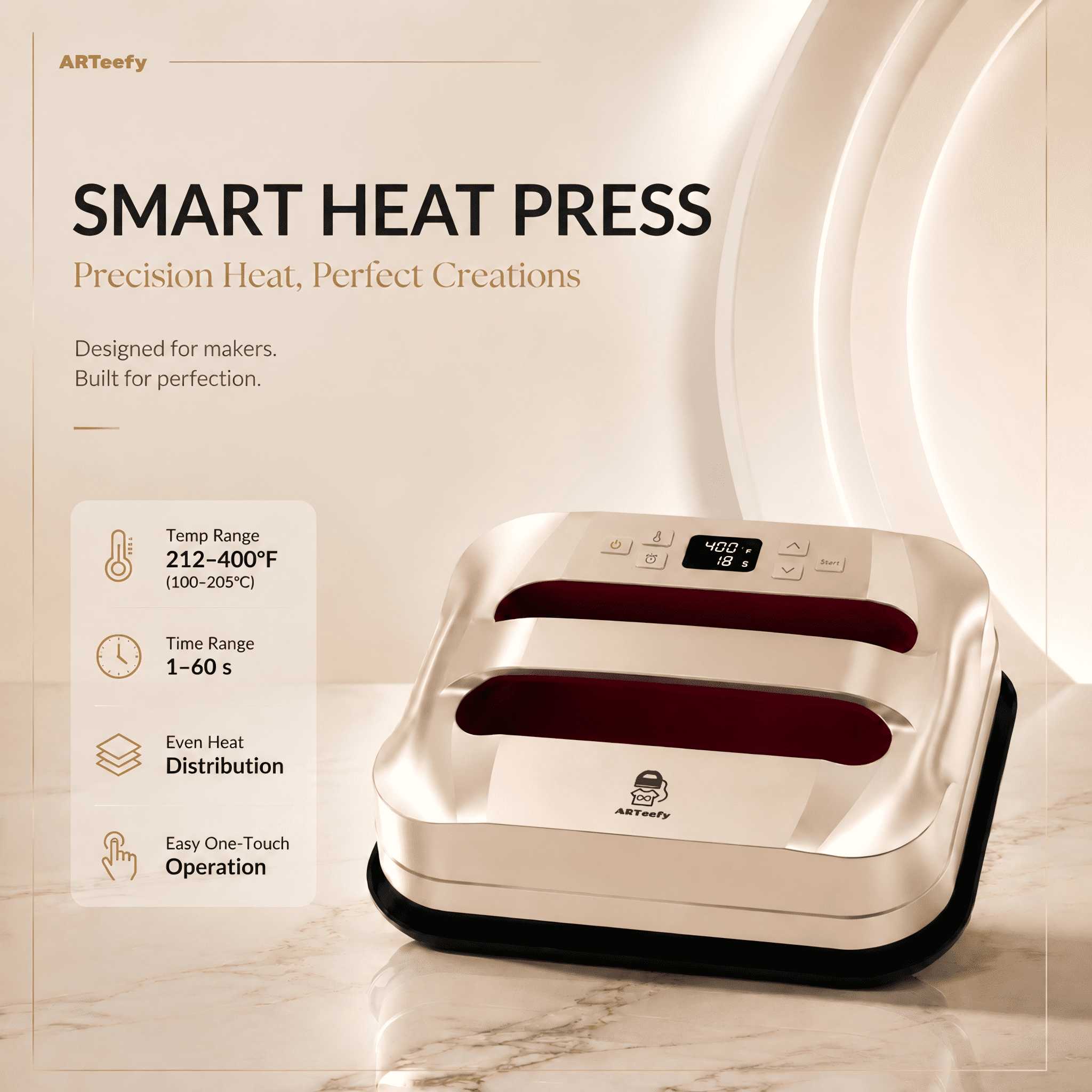 ARTeefy HP3 12" x 10" Portable Heat Press Machine for T-Shirts, Sublimation and HTV Vinyl, Golden Brown