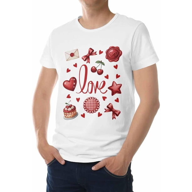 Camisetas para hombre, románticas camisetas de algodón de cuello redondo para San Valentín, de manga corta, con lazo de cereza y corazones.