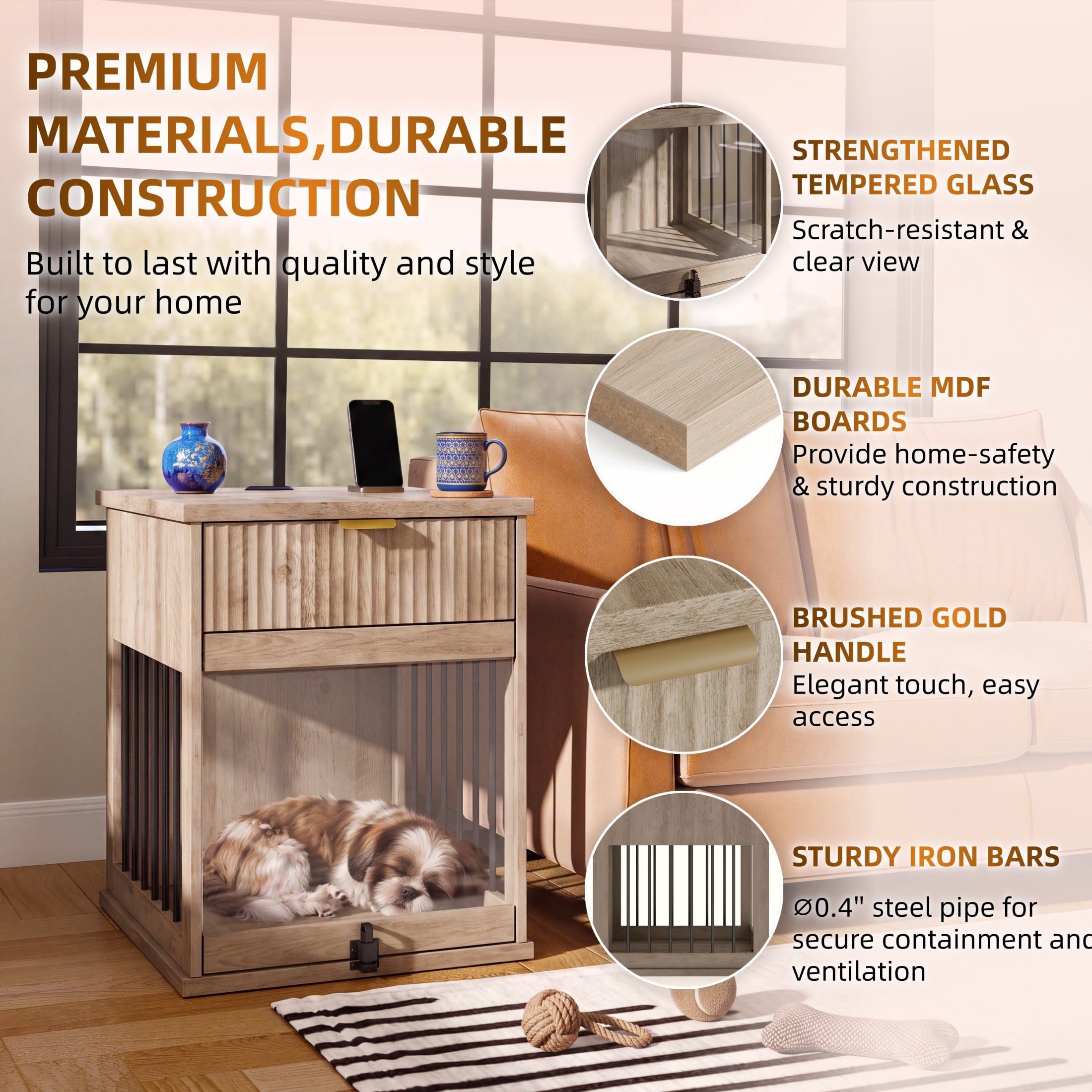 Noble House Wooden Dog Crate End Table with Charging Station & Glass Door, Pet Station Side Table, Antique Grey