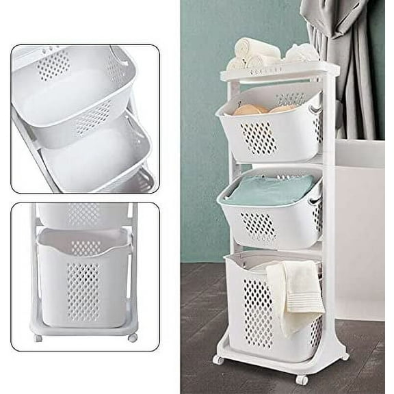 Miumaeov Rolling Laundry Basket Cart Dirty Clothes Storage Shelves 3-Tier