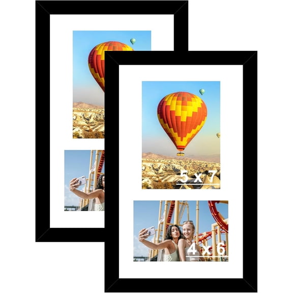 ZEN Wood 8x14 Collage Picture frames, Display 4x6 and 5x7 with Mat or 8x14 Without Mat, Wall Hanging 2 Opening Photo Frame with Shatter Resistant Plexiglass, White Mat, Black, 2 Pack