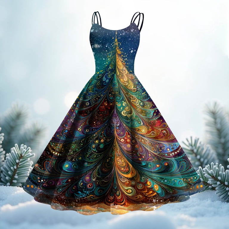 Wtobby Women's Christmas Printed Sexy Strapless Gothic Cocktail Dress Punk Vintage Style Holiday Party Wear with Festive Elements,Multicolor XL