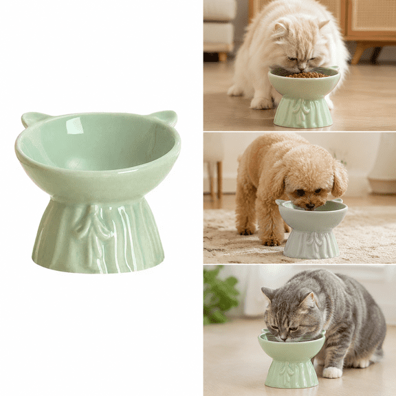 Liujiale Elevated Cat Food Bowl, Ceramic Raised and Tilted Water Bowl, Anti Vomiting and Protect Pets Spines Dishes for Fat Faced Cat, Indoor Cats, Kitten, Small Dog Green