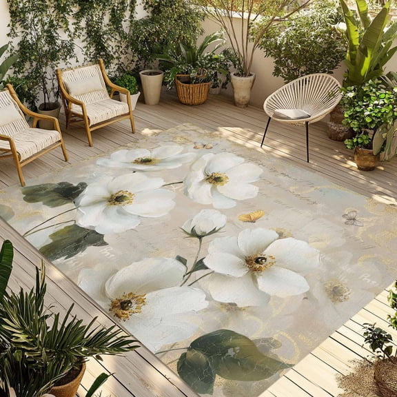 White Peony Outdoor Rug for Patio/Deck/Porch, Non-Slip Large Area Rug 5 x 7 Ft, Retro Floral Butterfly Botanical Farmhouse Beige Indoor Outdoor Rugs Washable Area Rugs, Camping Rug Carpet Runner
