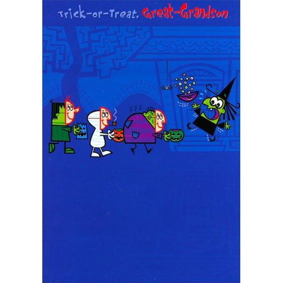 Designer Greetings Monsters Wearing Kid Costumes : Scaring Witch Juvenile Halloween Card for Great-Grandson