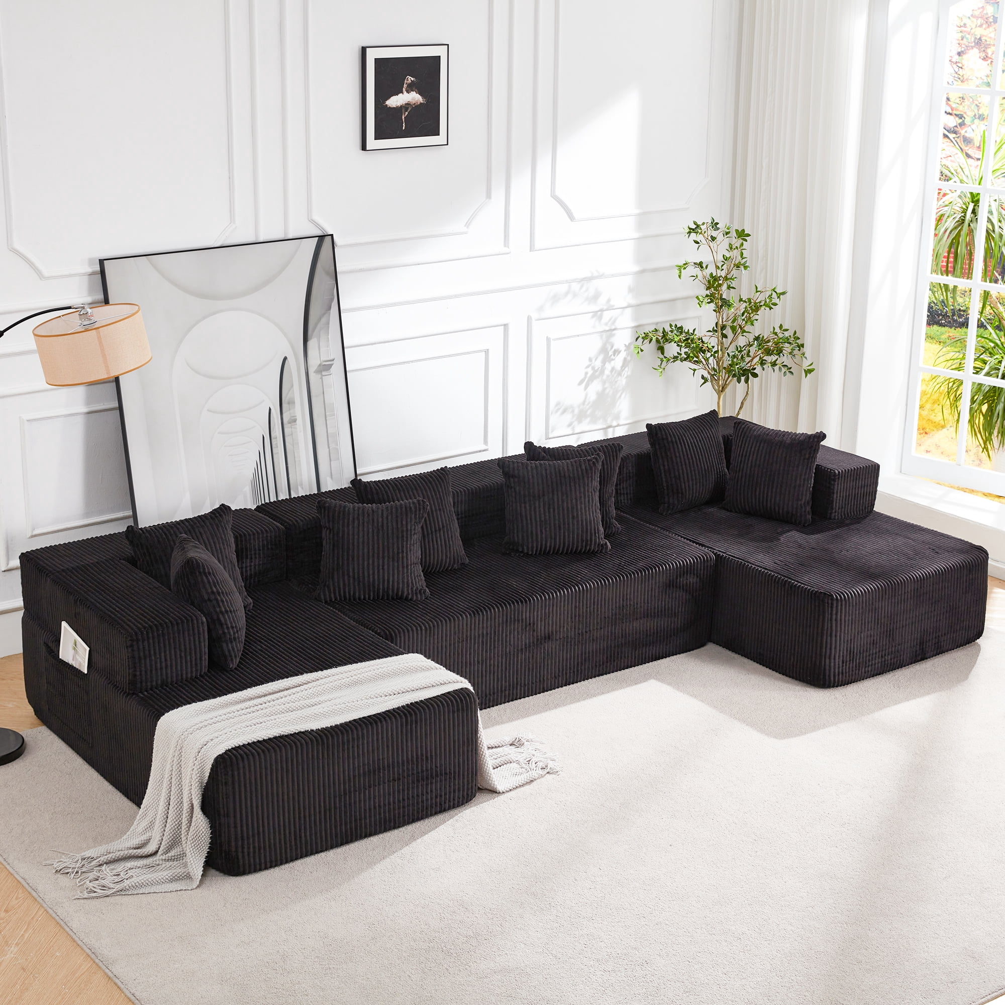 Vicluke 131" Boneless Memory Foam Sofa with Chaise Lounge, Comfy Corduroy Fabric Modular Sectional Couch, U-Shaped Sofa for Living Room & Apartment, No Assembly Required (Black)