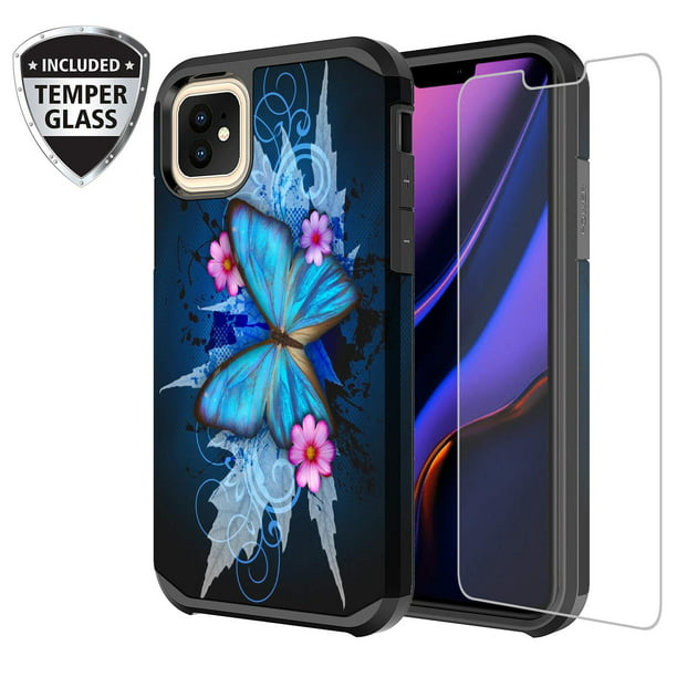 Iphone 11 Case Cute Girls Women W Tempered Glass Screen Protector Heavy Duty Protective Phone Cover Case For Nbsp Apple Iphone 11 Blue Butterfly Walmart Com Walmart Com