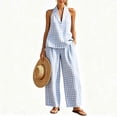 thumbnail image 2 of Cagogo Women Plus Size 2 Piece Halter Neck Sleeveless Tank Top Wide Leg Pants Set Plaid Boho Beach Outfits Loose Summer Vacation Cruise Matching Lounge Suit Tracksuits, Blue L, 2 of 6