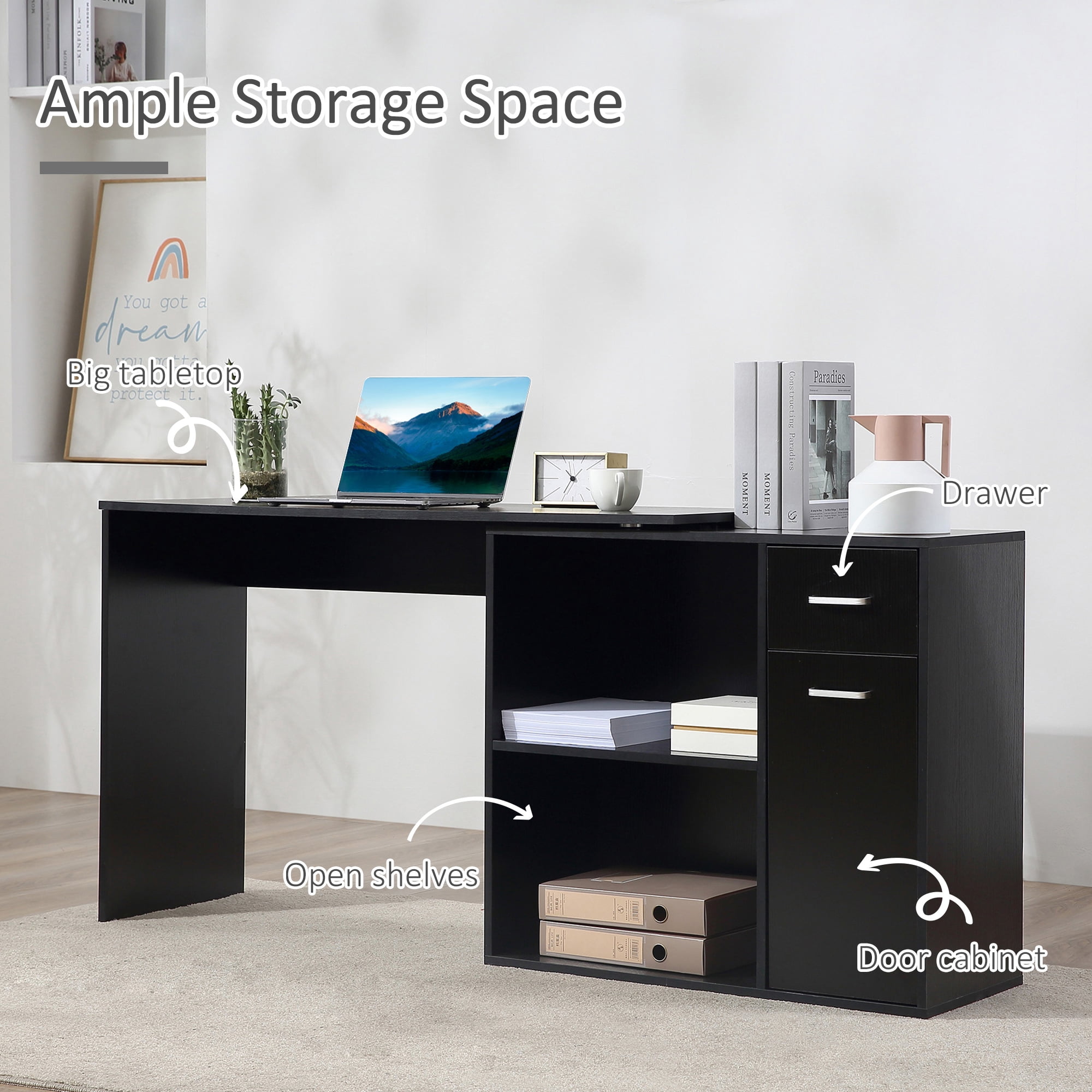 HomCom L Shaped Computer Desk Workstation with Storage Shelves and Cabinet for Home & Office Contemporary Style