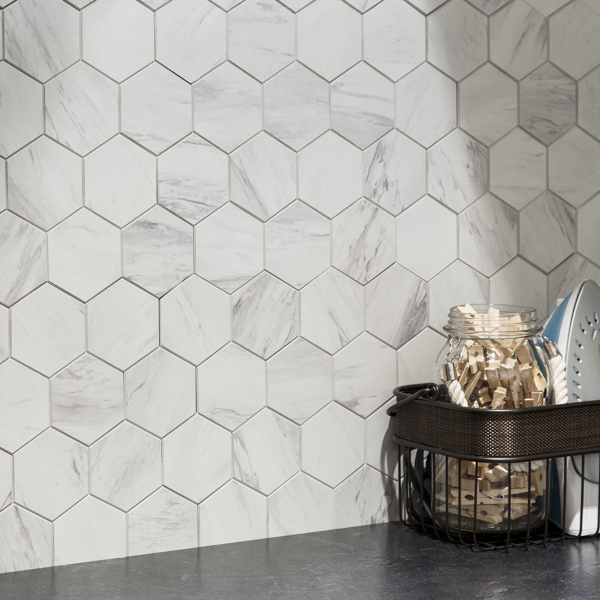 Aspect Collage 12.75in x 10.6in Peel and Stick Backsplash in Carrara Hex (5-Pack)