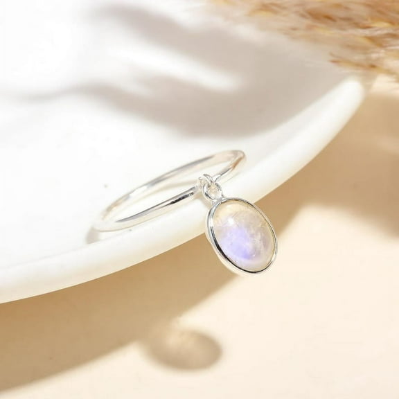 AG 925 Jewellery Sterling Silver Natural Rainbow Moonstone Statement Ring, Size 5-10