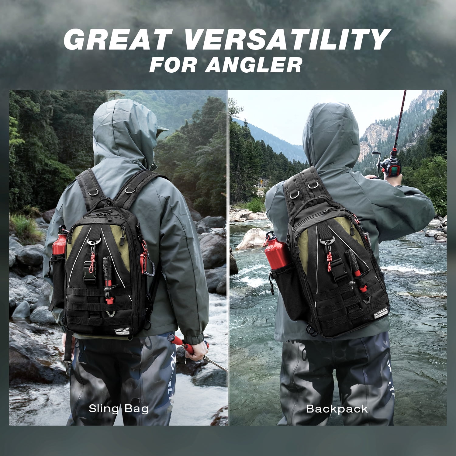 Ghosthorn Fishing Backpack Tackle Sling Bag - Fishing Backpack with Rod Holder - Tackle Box Fly Fishing Gifts for Men Women