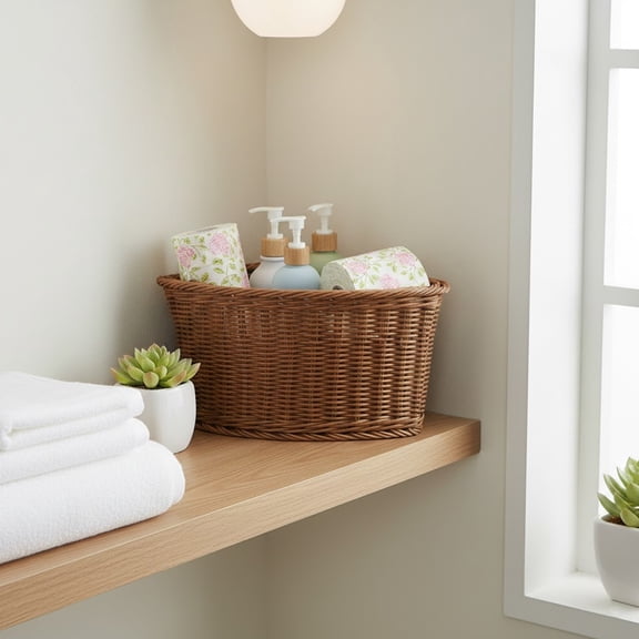 STOBOK Light Brown Handwoven Corner Storage Basket Triangular Organizer Bin for Wardrobe Bathroom Kitchen Shelves
