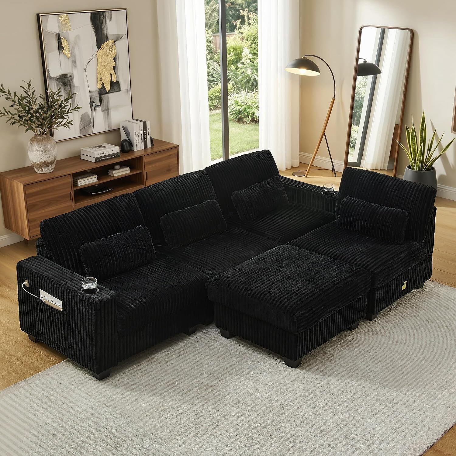 Howcool 125" 5 Seat Modular Sectional Sofa, L Shaped Deep Seat Cloud Couch with Movable Ottoman, Corduroy Sofa with Cup Holders & Lumbar Pillows for Living Room, Black