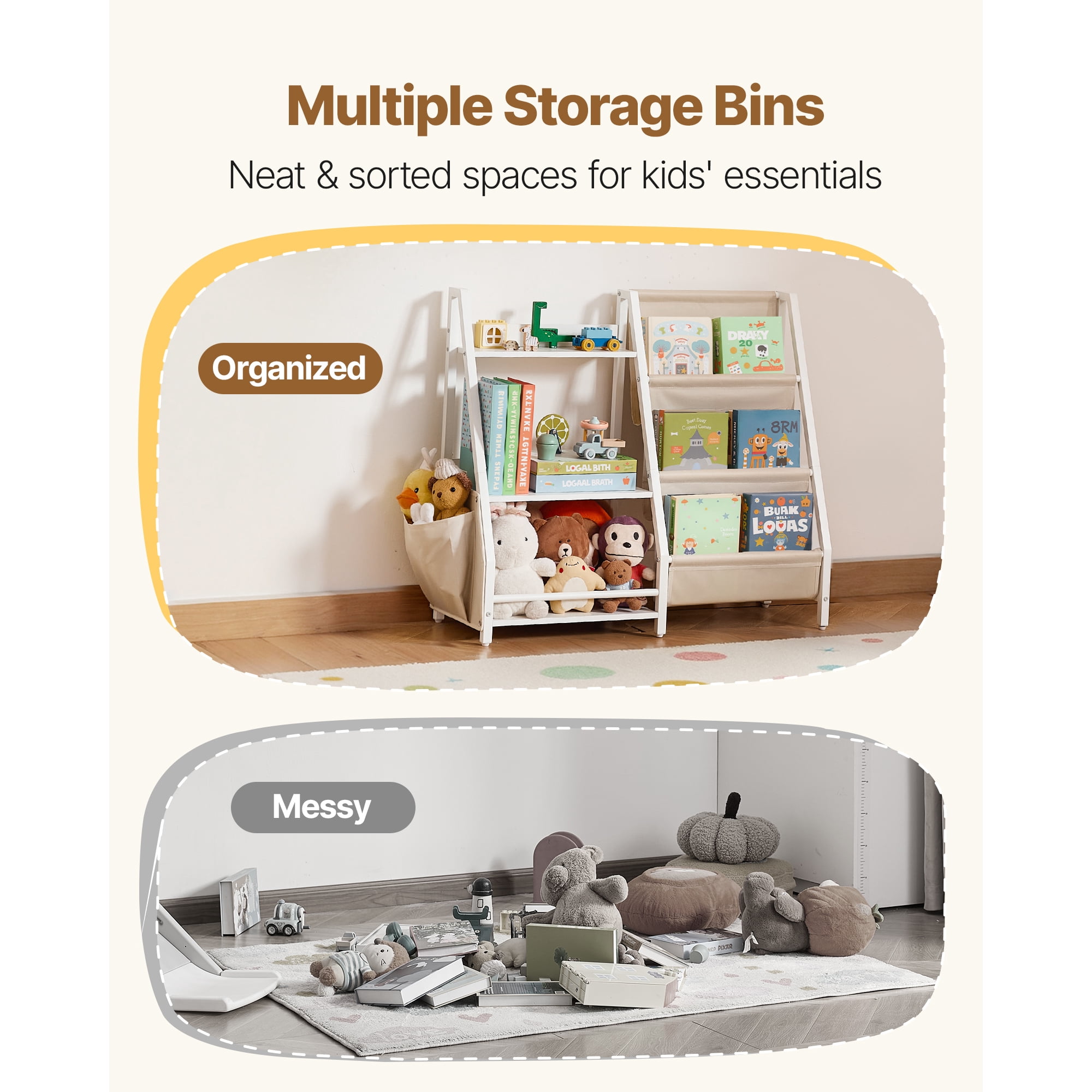 KFFKFF 3-Tier Children's Bookshelf with Toy Organizer, Sling Book Rack, and Storage Bag, Ideal for Kids' Rooms, Playrooms, Kindergartens, and Nurseries