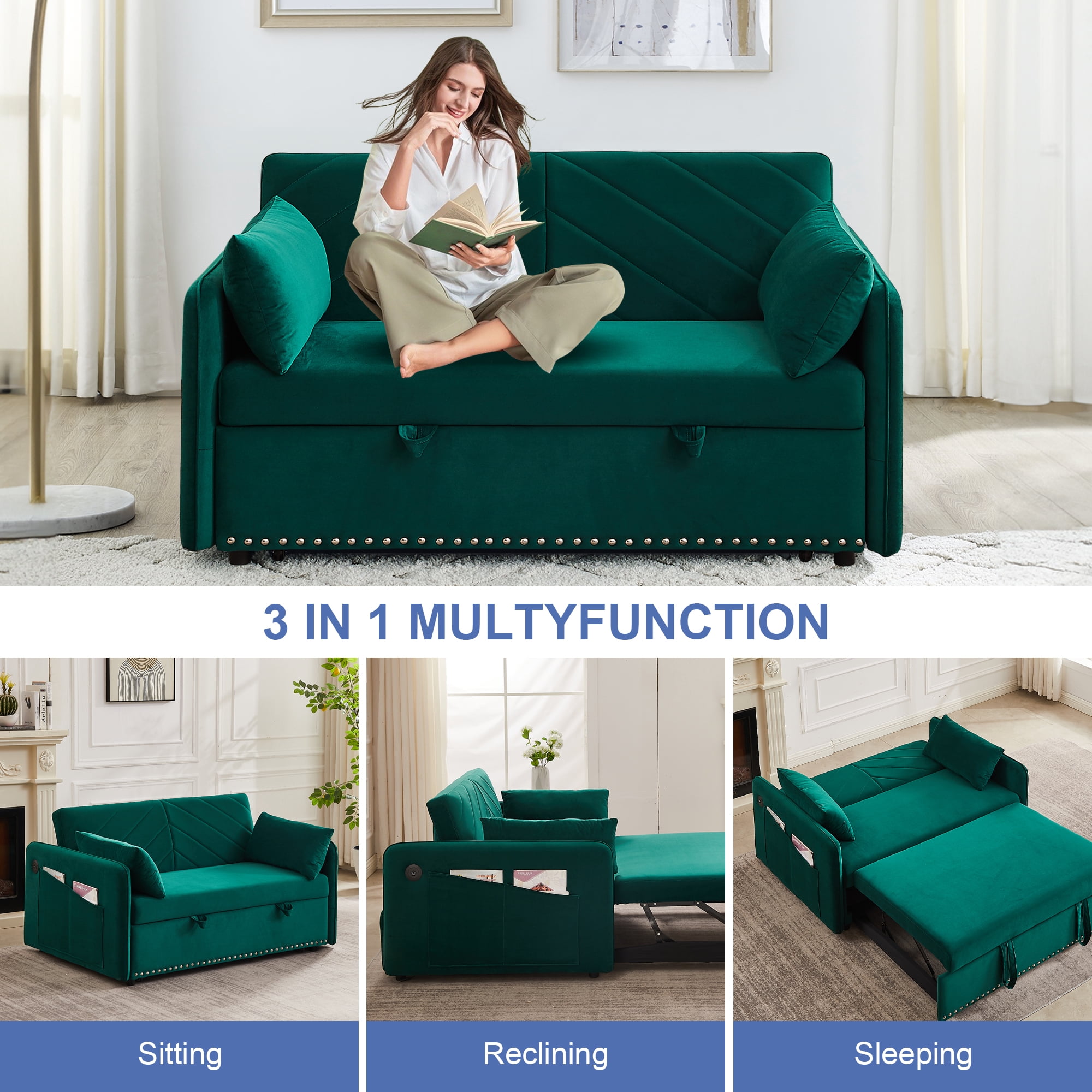 Aukfa 3 in 1 Convertible Sofa Bed, 55" Velvet Loveseat Sleeper with 2 Pillows & USB Port, Green