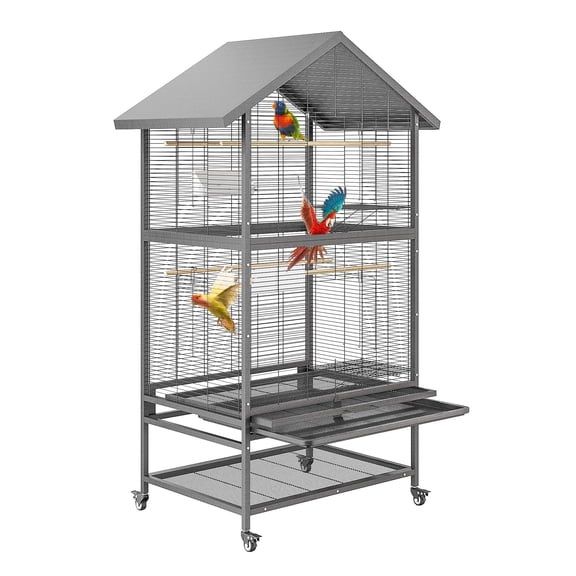 65.7 inch Metal Bird Cage, 4 Perches & Bowls, Large Parakeet Cages for Lovebird, Pigeon with Roof Top, Rolling Stand and Hanging Accessories