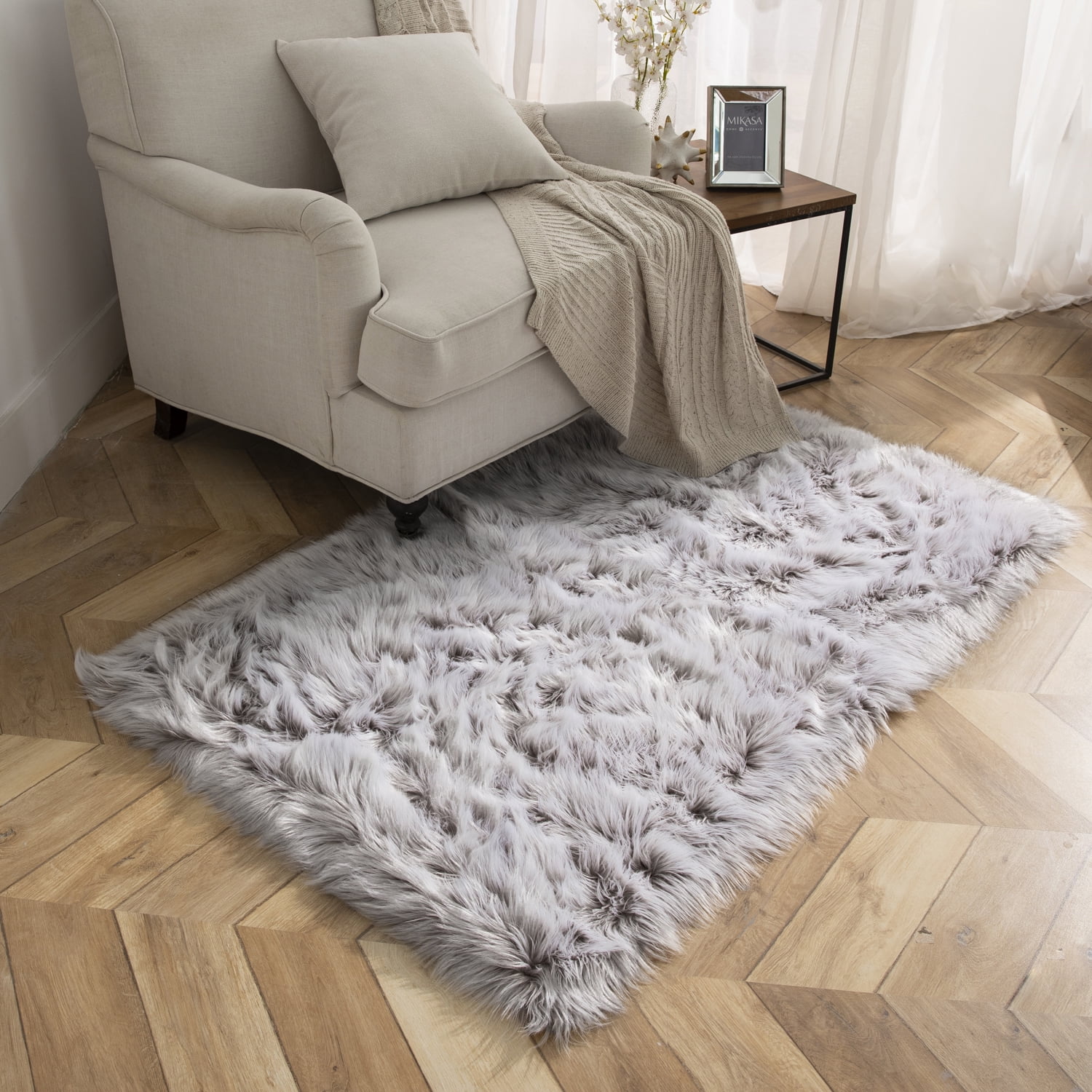 Deluxe Ultra Soft Faux Sheepskin Fur Series Fluffy Decorative Indoor Shag Area Rug, 3 x 5 Feet Rectangle, Coffee and White, 1 Pack