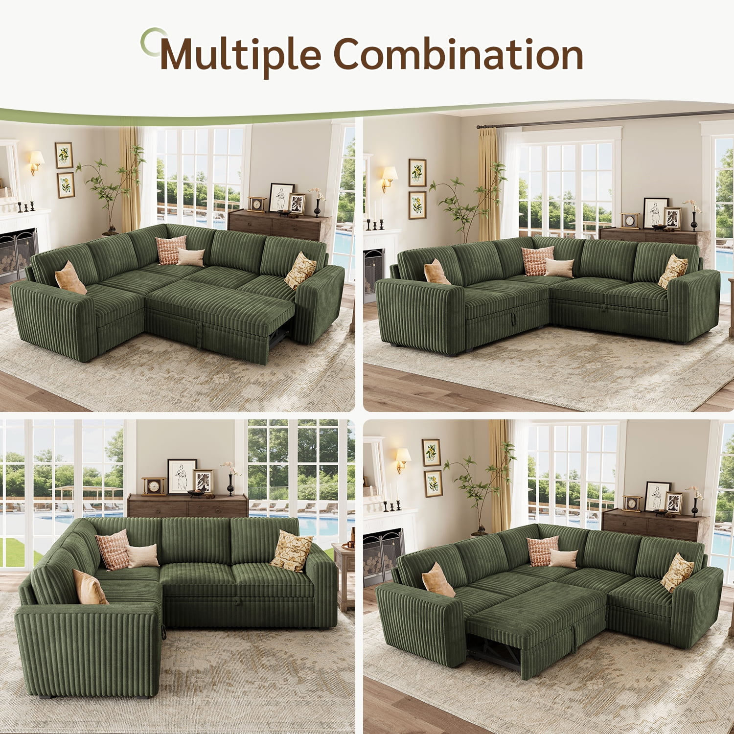 Marrber 84” Convertible Sectional Sleeper Sofa with Pull-Out Sofa Bed, L-Shaped Corner Sofa with Reversible Chaise and Hidden Storage, Pet-friendly Plush Corduroy for Living Room, Green