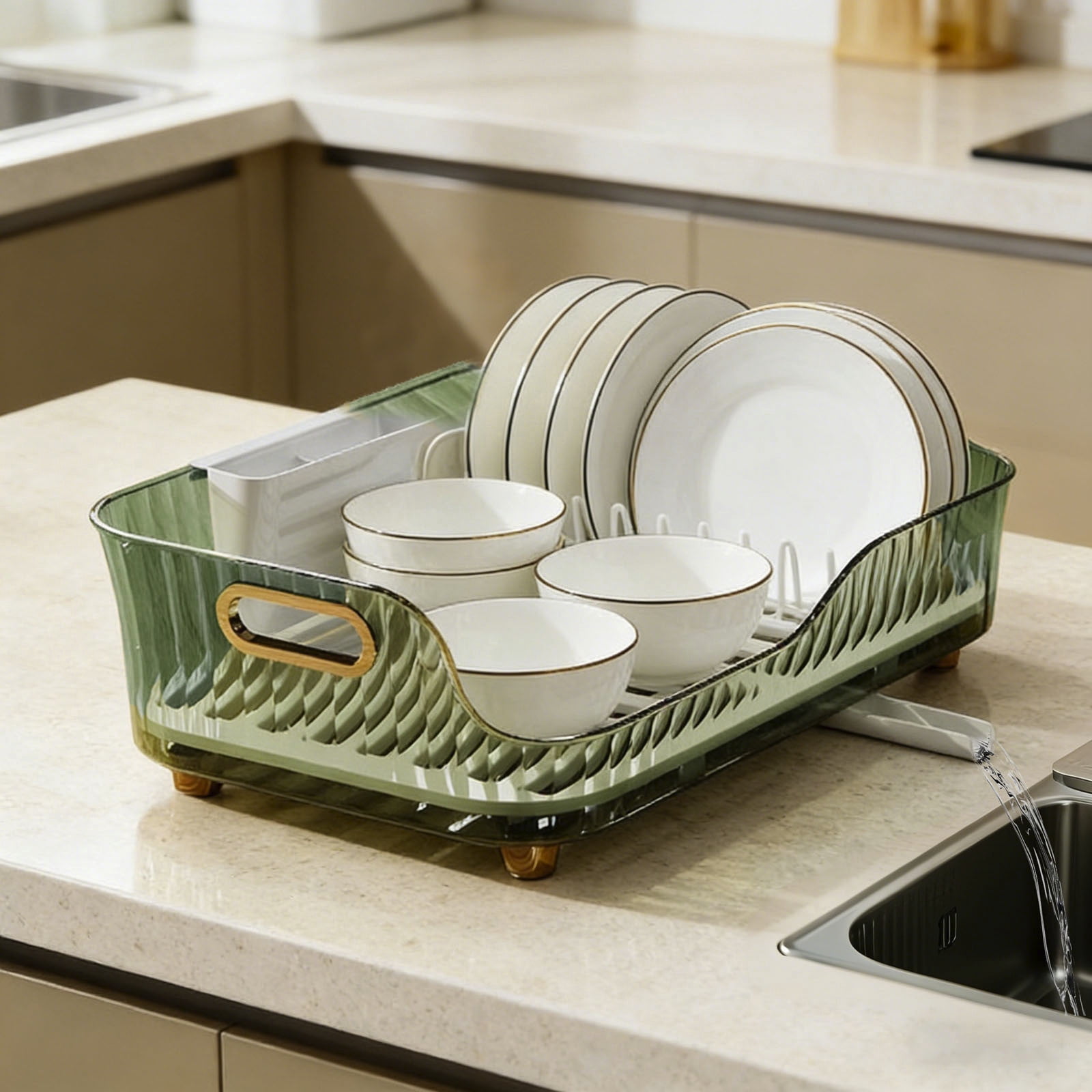 Kitchen Dish Drying Rack with Extendable Drainboard Countertop Dish Rack with Utensil Holder Multifunctional Transparent Dish Organizer Ideal for Dishes Bowls Cutlery and Fruit Storage