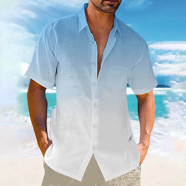 Weiqiqre Mens T-shirt Gradient Shirt Linen Short Sleeved Lapel Pocket Beach Casual Cardigan Bottom Shirt Blouse For Summer Sport Soccer, and Daily Casual Wear