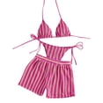 thumbnail image 3 of Knit Bohemian Striped Bikini Set for Summer Beachwear Unique Two Piece Swimsuit Cover Up with High Waist Bottoms, L, Hot Pink, 3 of 3