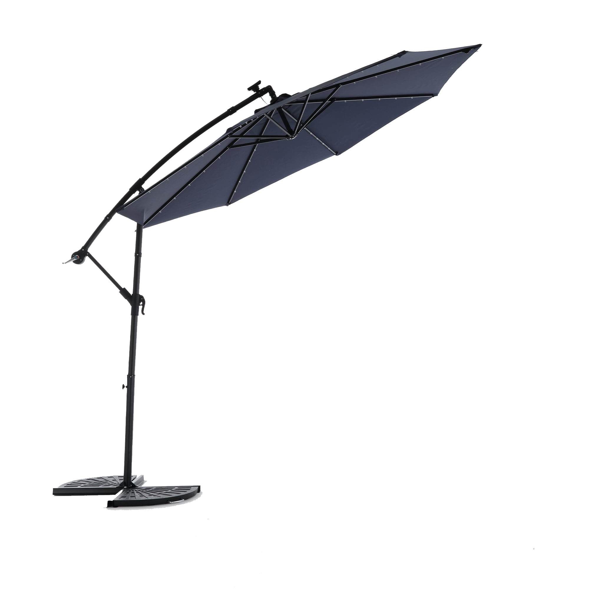 Leumius 10ft Solar LED Patio Umbrella, Offset Cantilever Outdoor Umbrella with 40 LED Lights, Infinite Tilt, 360 Degree Rotation, Crank Handle for Pool Deck Garden Backyard,Navy Blue(No Base)