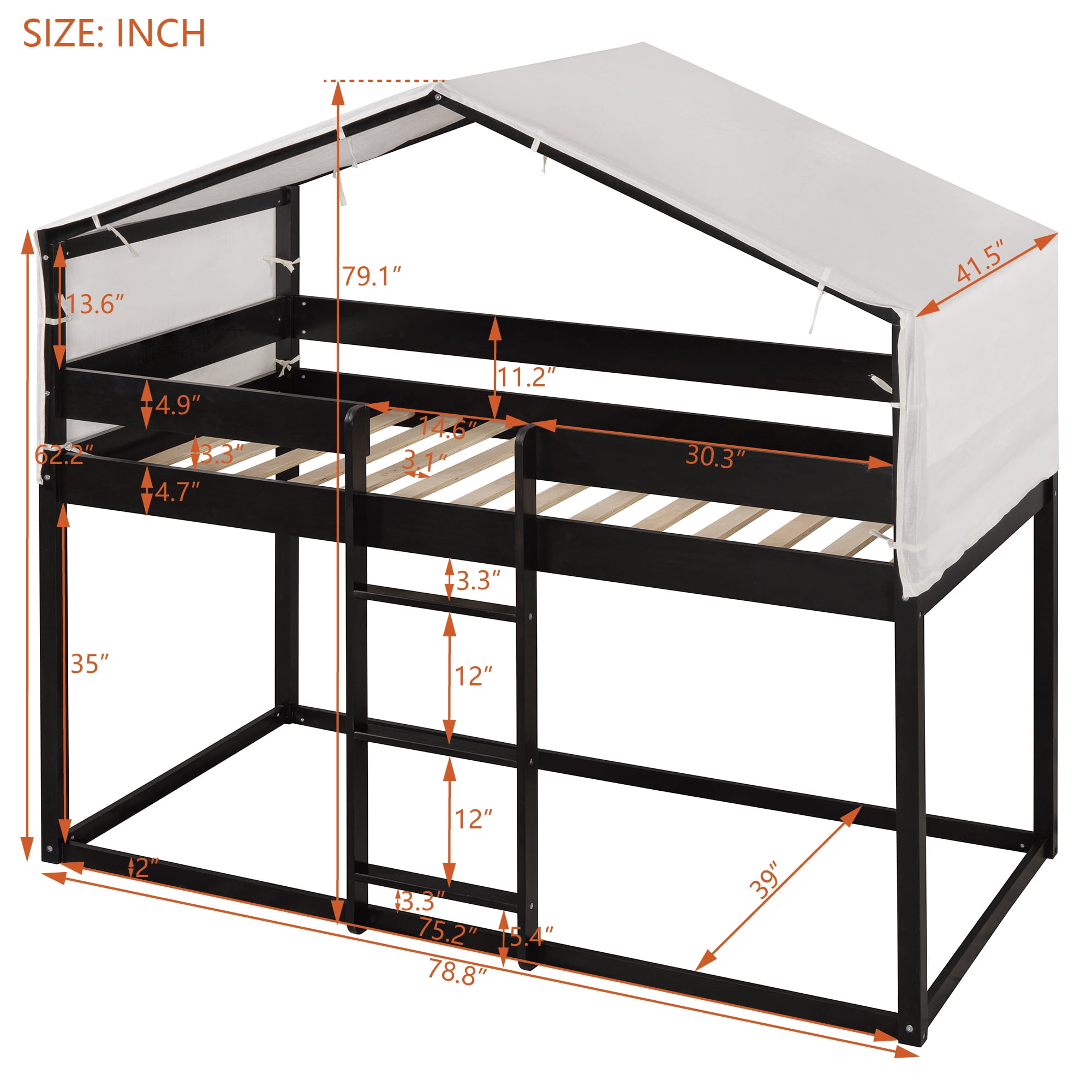 Aukfa Twin over Twin Bunk Bed, Wood Bed Frame with House Top Tent for Kids Boys Girls, Espresso